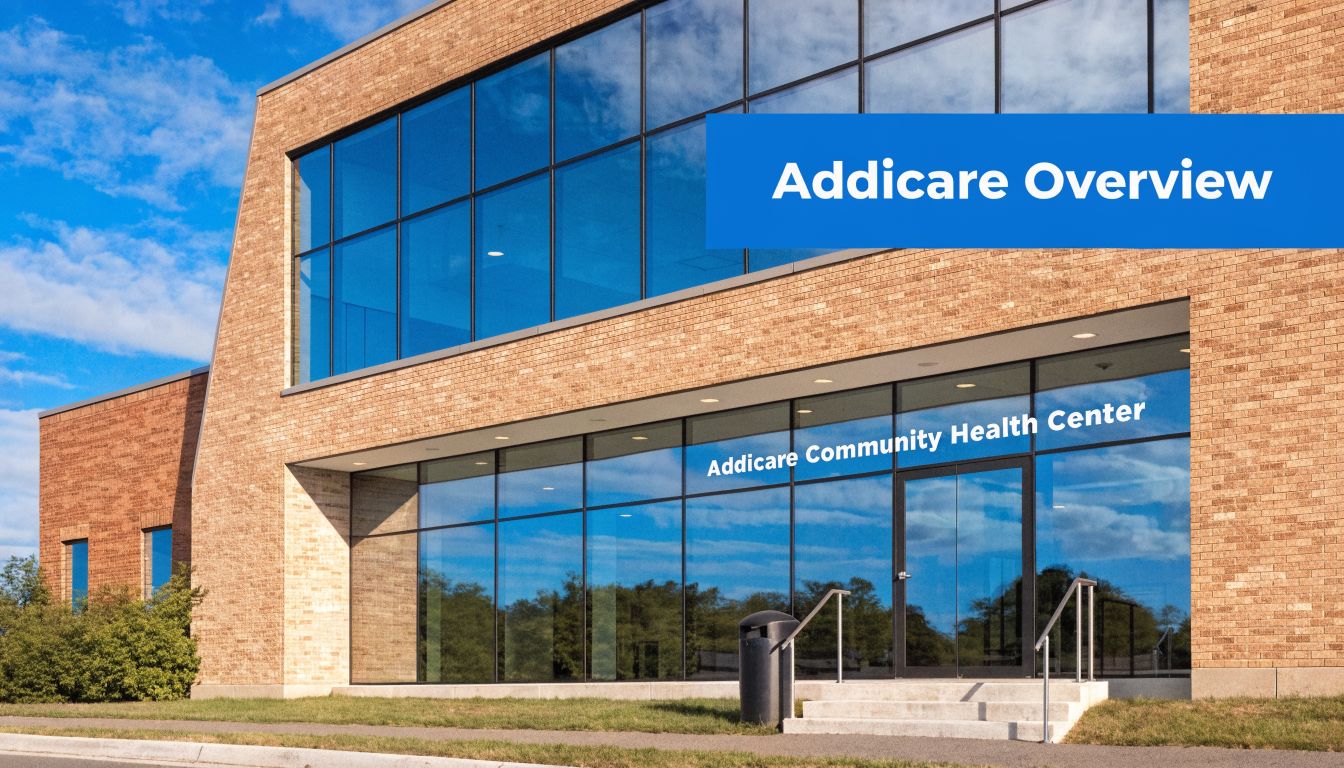 Exterior view of the modern brick building for Addicare Community Health Center in the daytime.