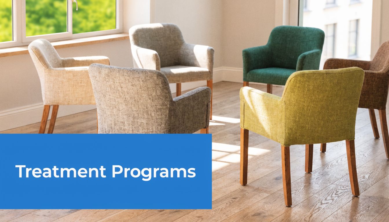 A circle of comfortable chairs arranged for a group therapy or support meeting in a bright room.
