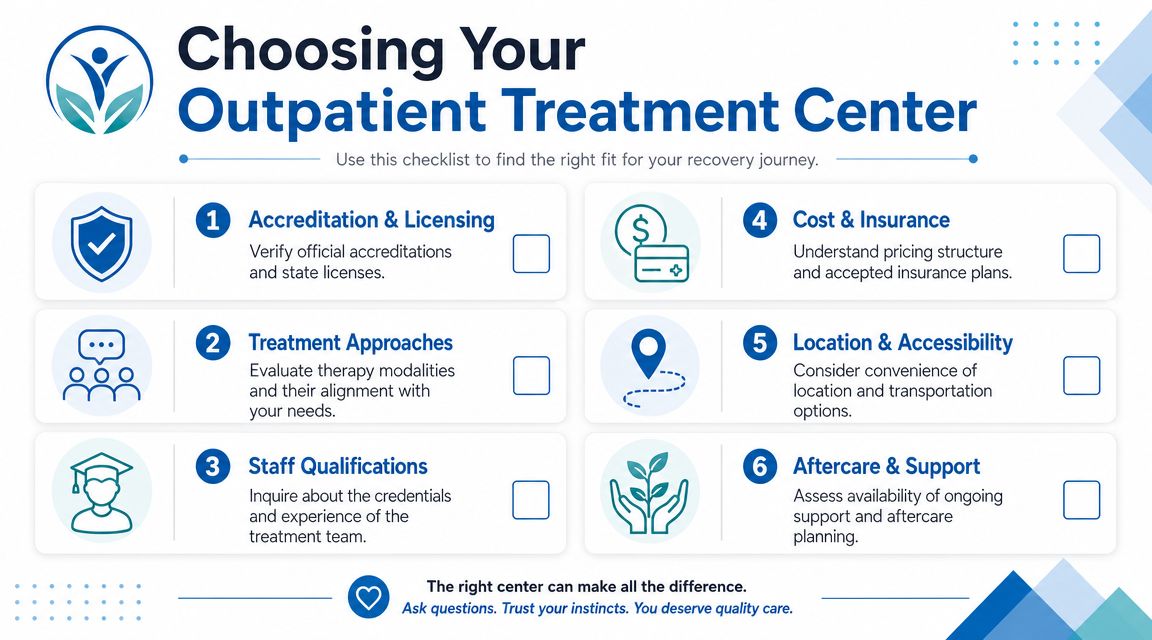 A checklist infographic titled Choosing Your Outpatient Treatment Center listing six essential steps for choosing a facility.