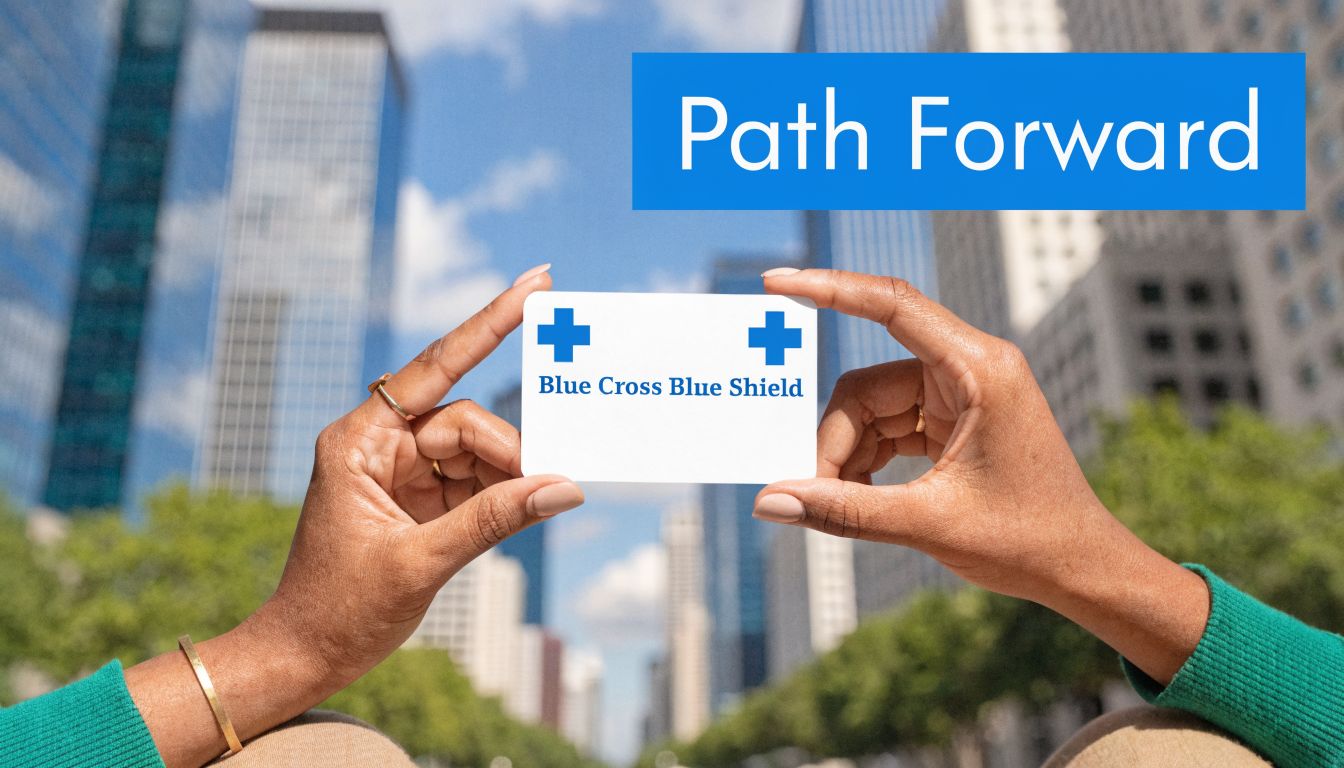 A person holding a blank Blue Cross Blue Shield insurance card in front of a city skyline.