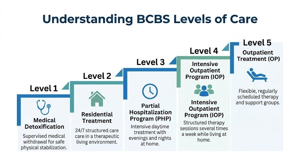A diagram illustrating five BCBS levels of care for substance abuse treatment ranging from detoxification to outpatient.