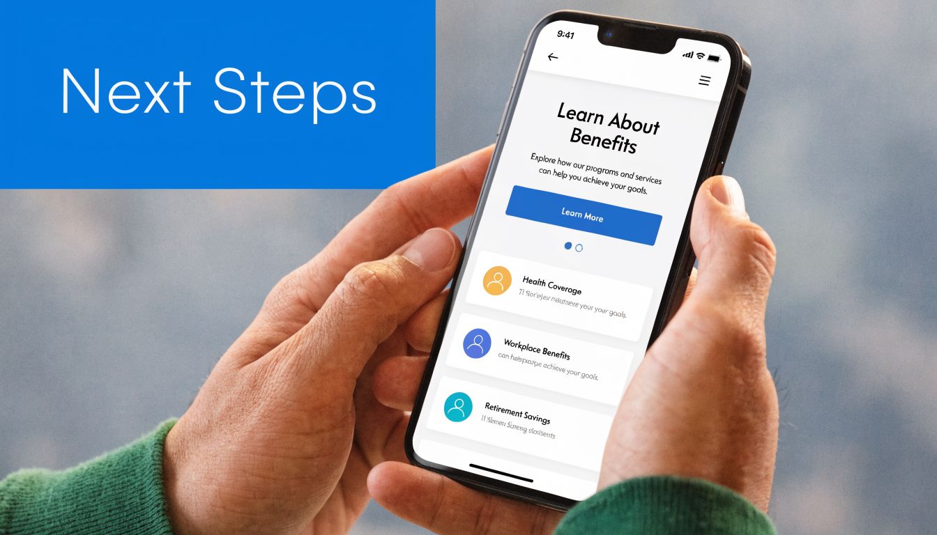 A person holding a smartphone displaying an application screen about healthcare benefits and retirement savings programs.