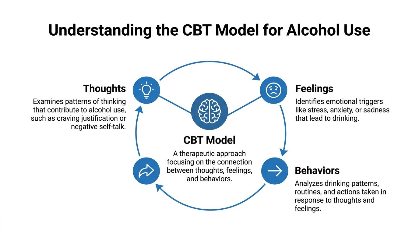 A diagram explaining the cognitive behavioral therapy model for alcohol use, showing the connection between thoughts, feelings, and behaviors.