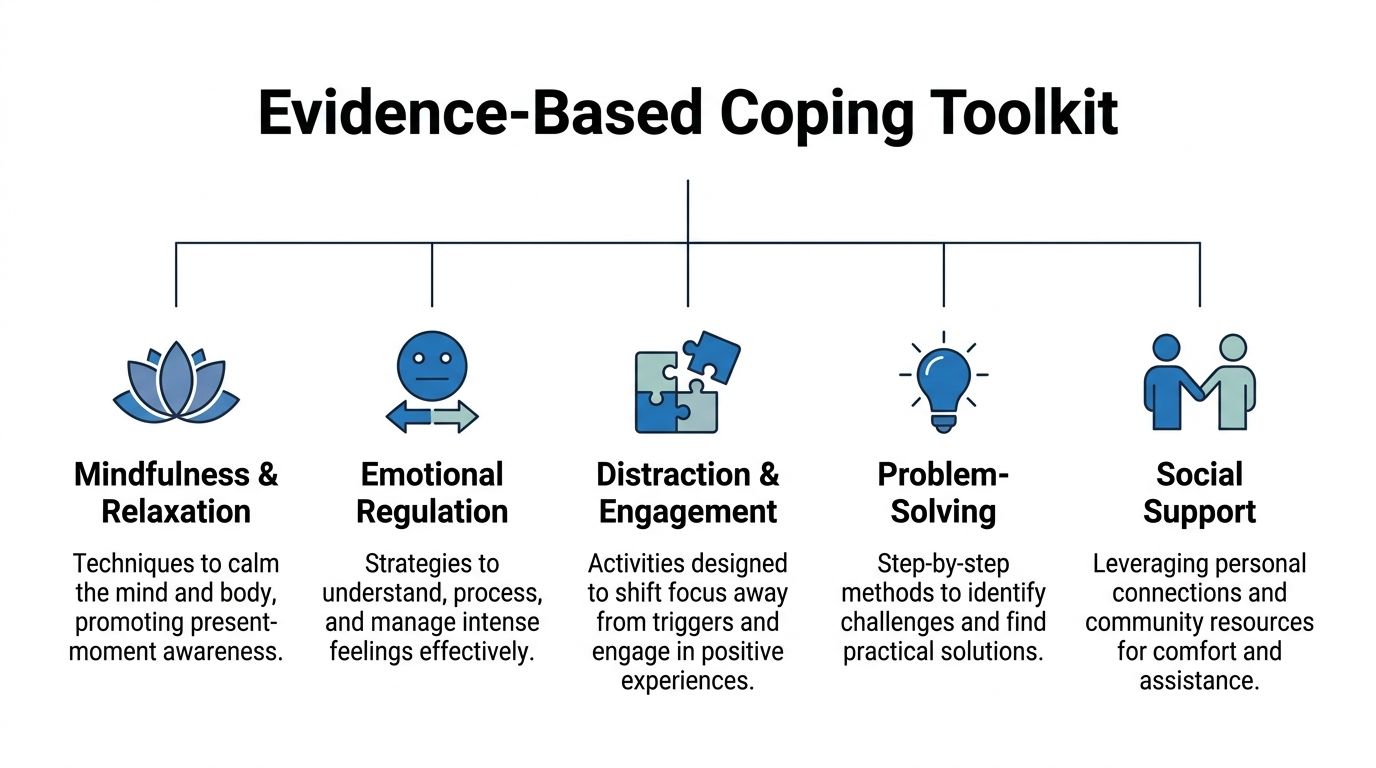 A chart titled Evidence-Based Coping Toolkit displaying five strategies: mindfulness, emotional regulation, distraction, problem-solving, and social support.