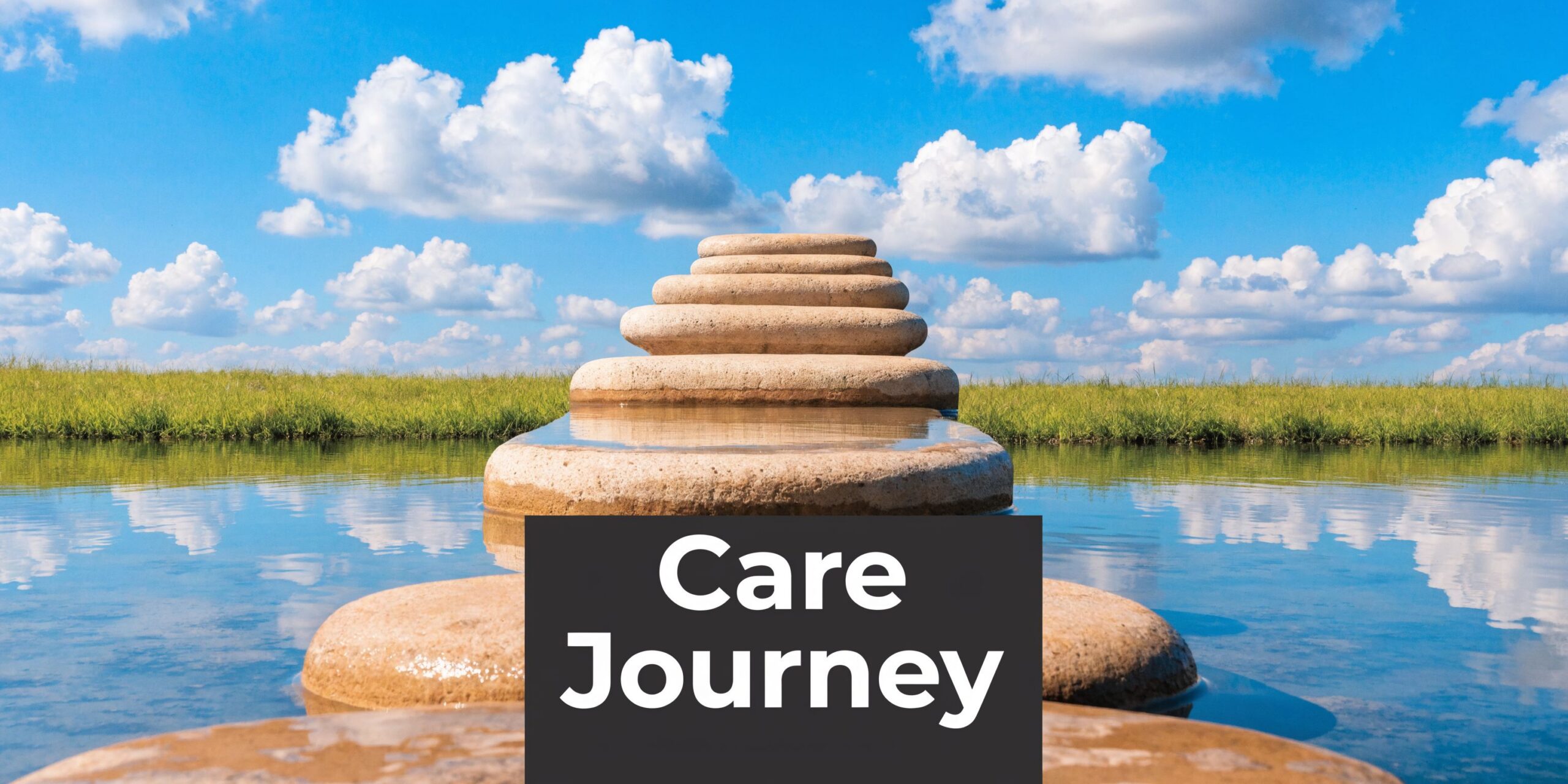 A stack of smooth stones sitting in calm water against a vibrant blue sky with fluffy clouds.