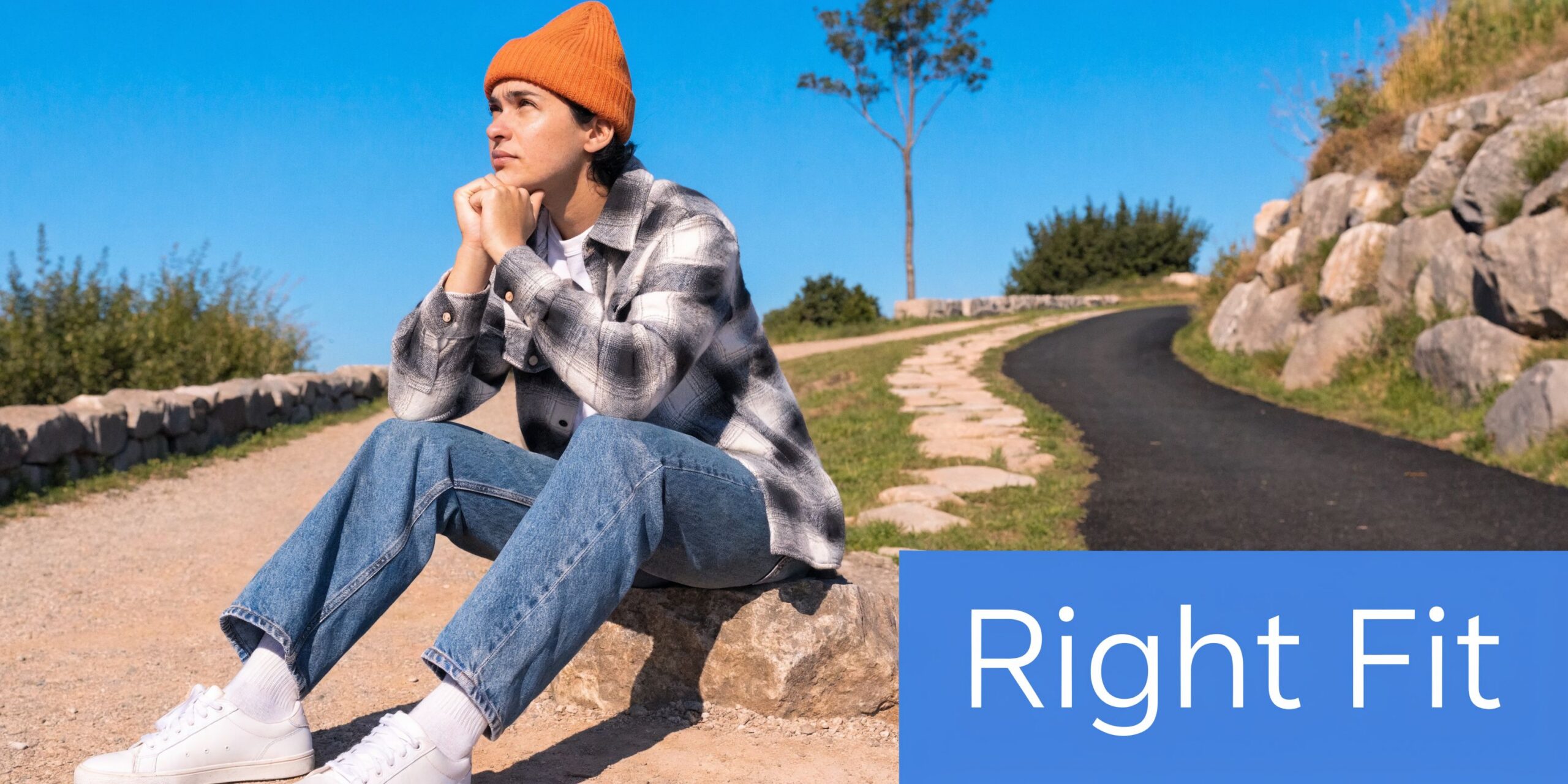 A thoughtful person wearing an orange beanie and plaid shirt sits on a rock by a pathway.