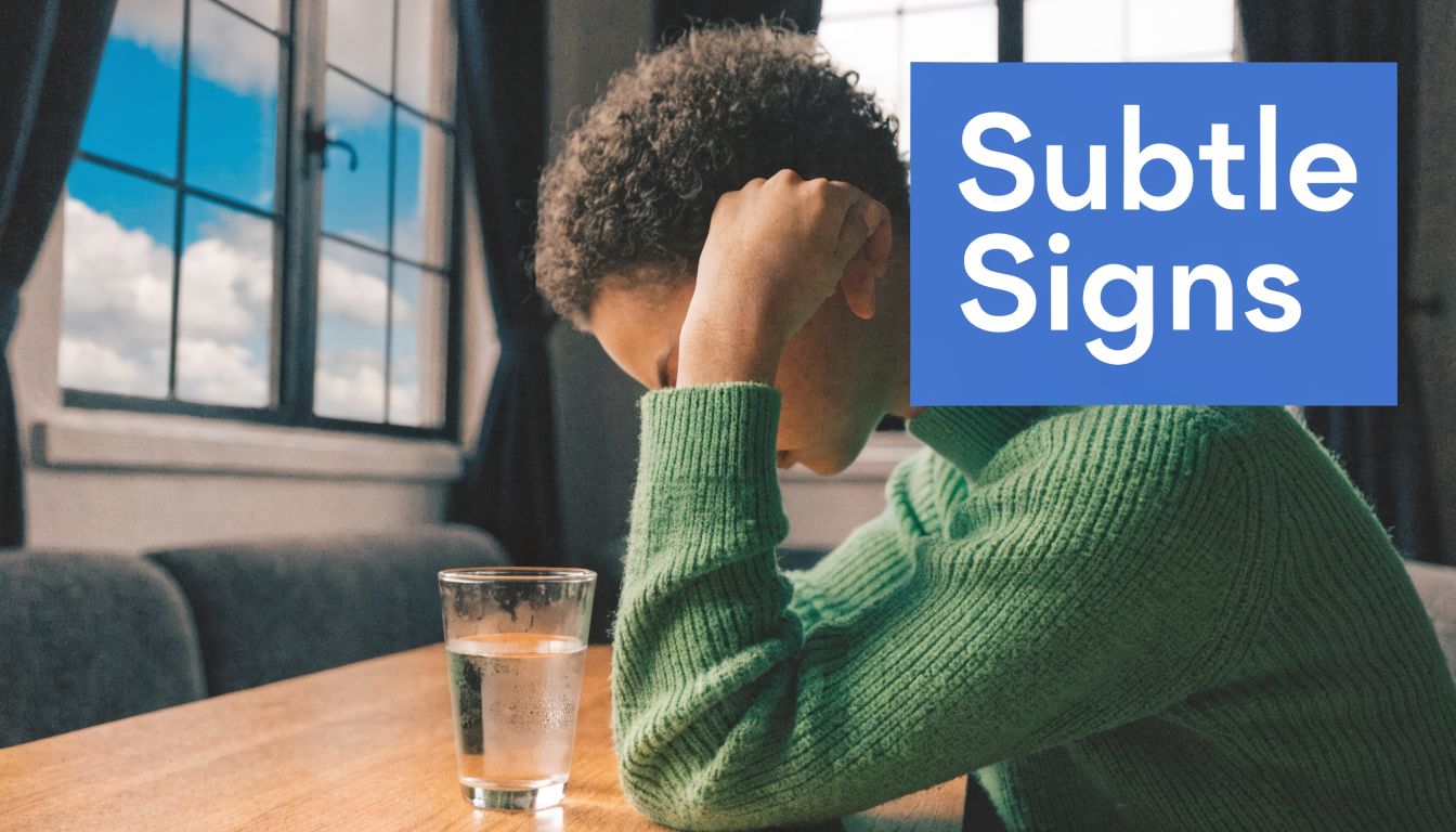 A person sitting at a table with a glass of water, looking down, representing subtle signs of distress.