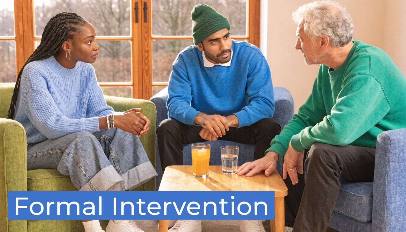 A diverse group of three people sitting together in an living room for a formal intervention.