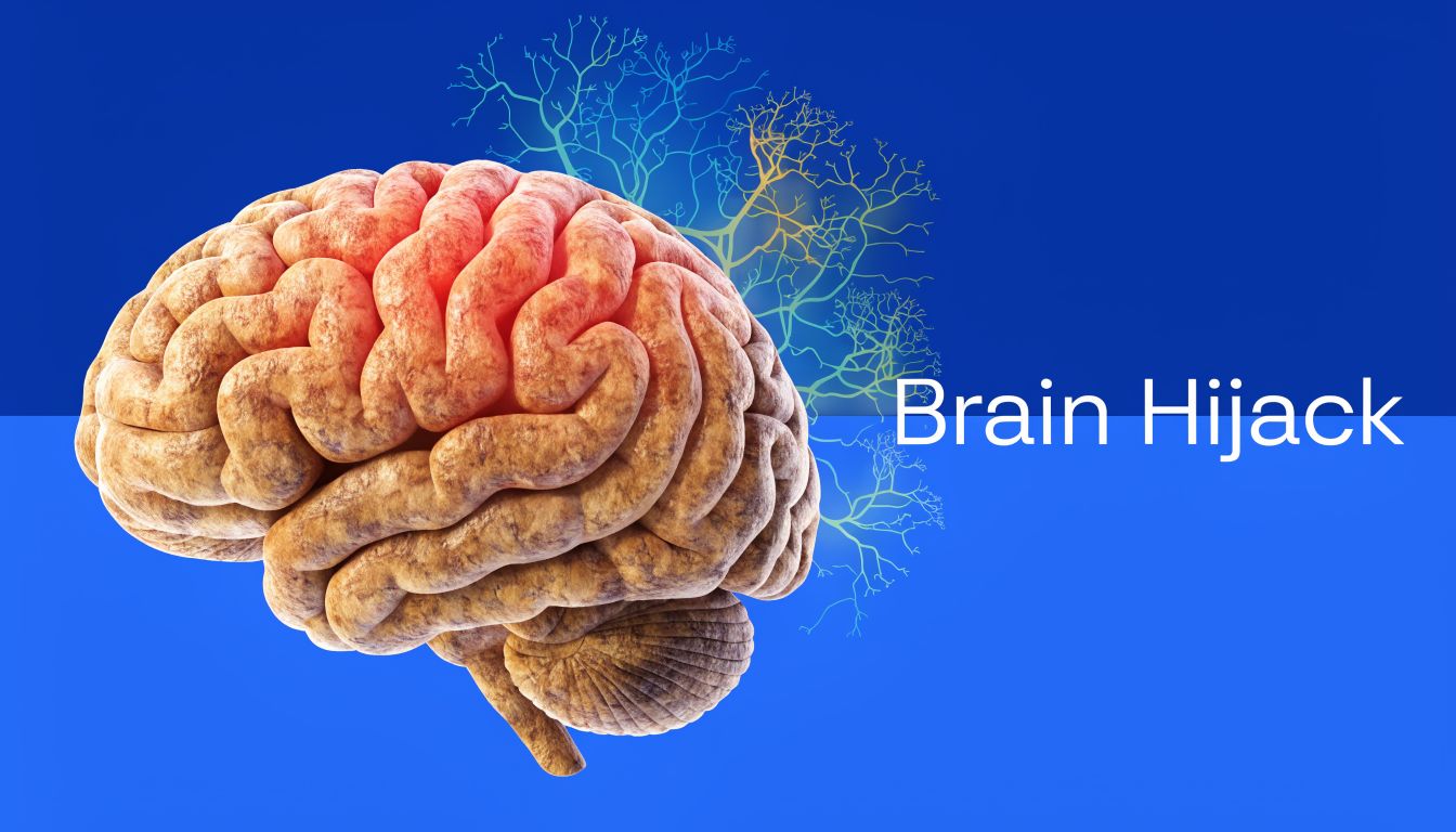 A detailed 3D rendering of a human brain with glowing highlights against a blue digital background.