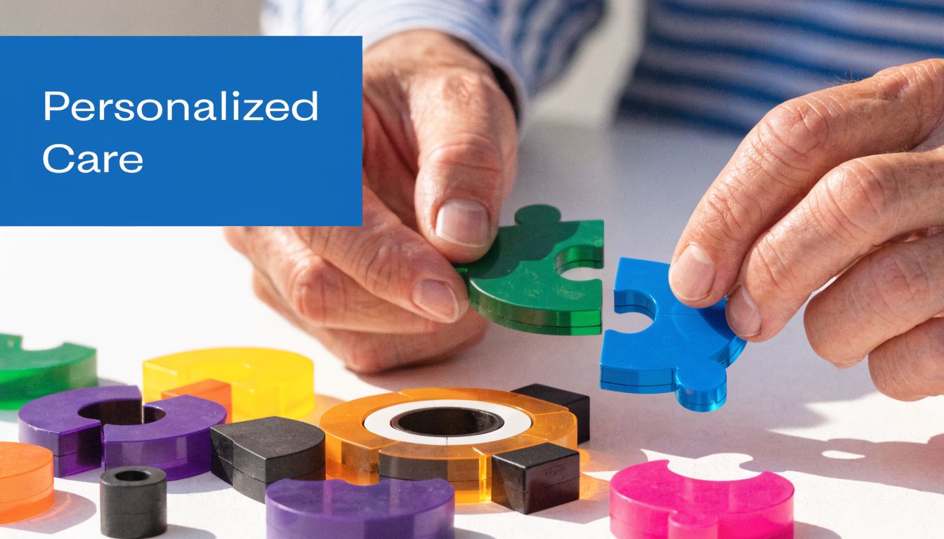 An elderly person holding two puzzle pieces together, representing the concept of personalized care in healthcare.