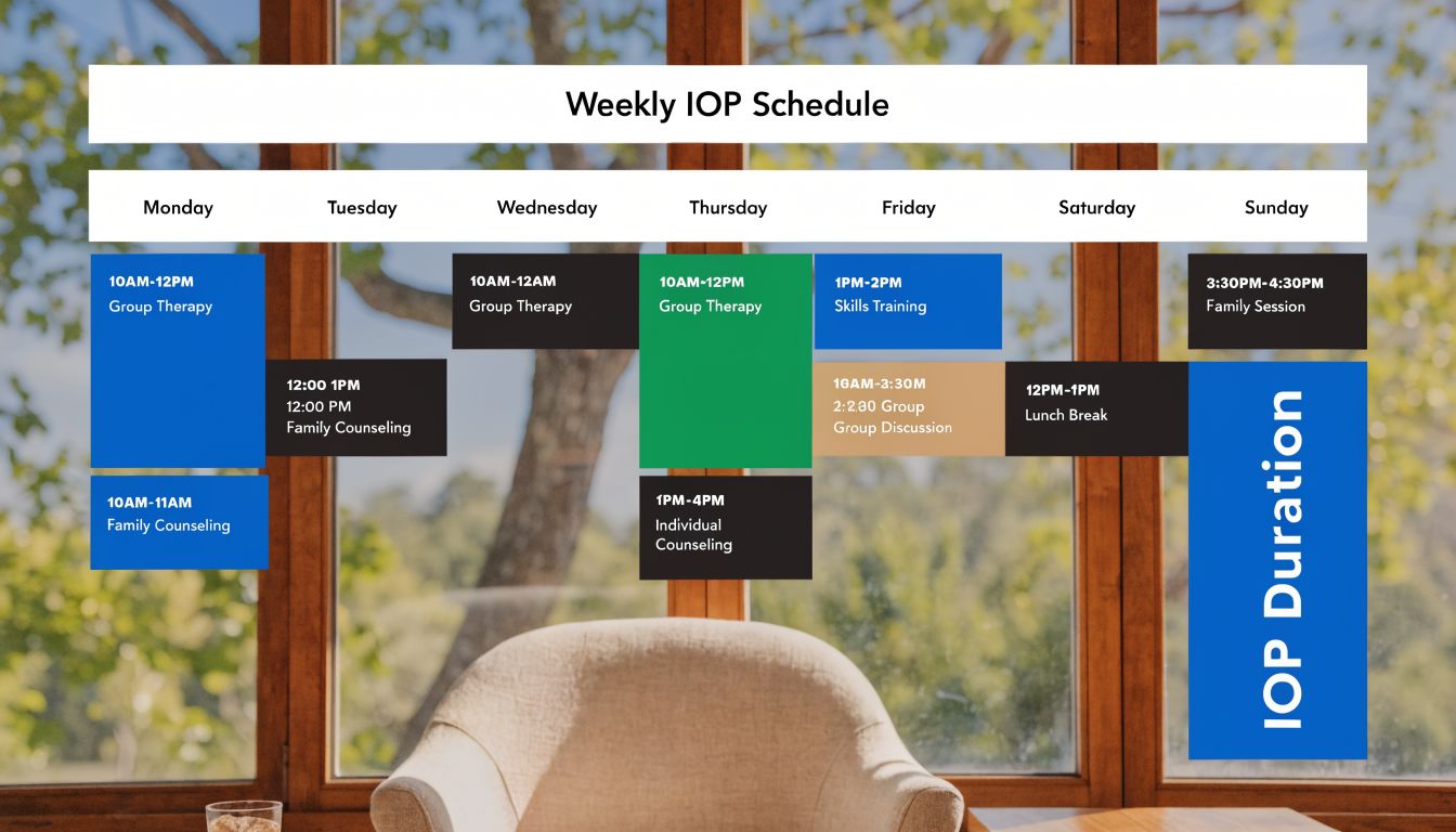 A weekly IOP schedule displayed on a graphic with session times for therapy, counseling, and group discussions.