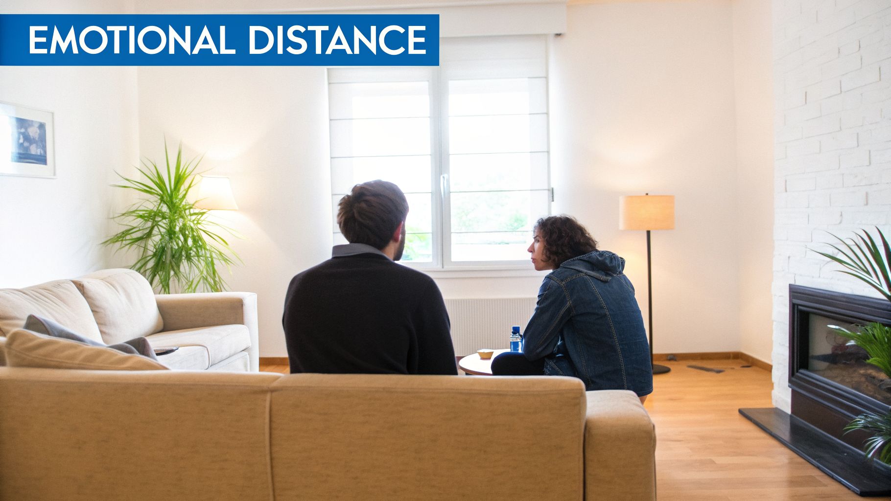 Two people sitting opposite each other in a living room, discussing emotional distance.