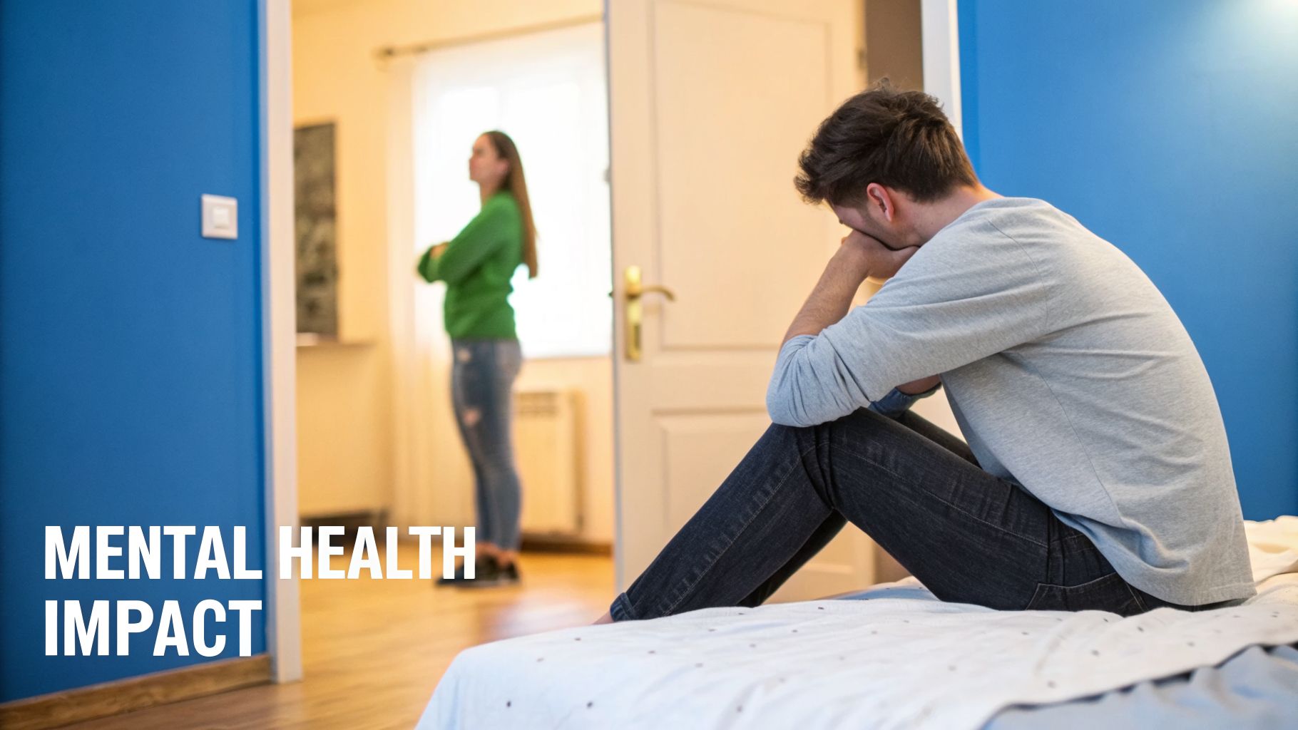 A man in distress on a bed, with a woman standing away, highlighting relationship mental health impact.