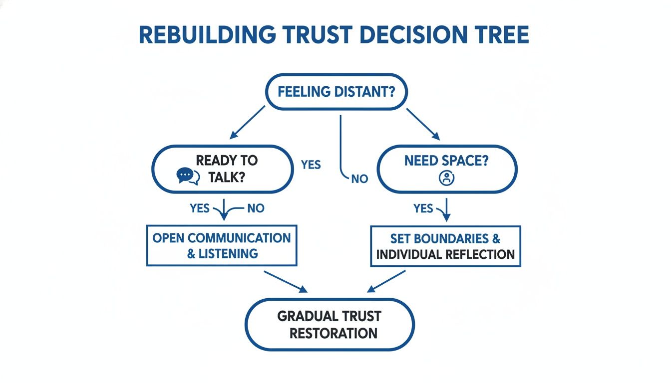 Decision tree illustrating steps for rebuilding trust, including communication, boundaries, and reflection.