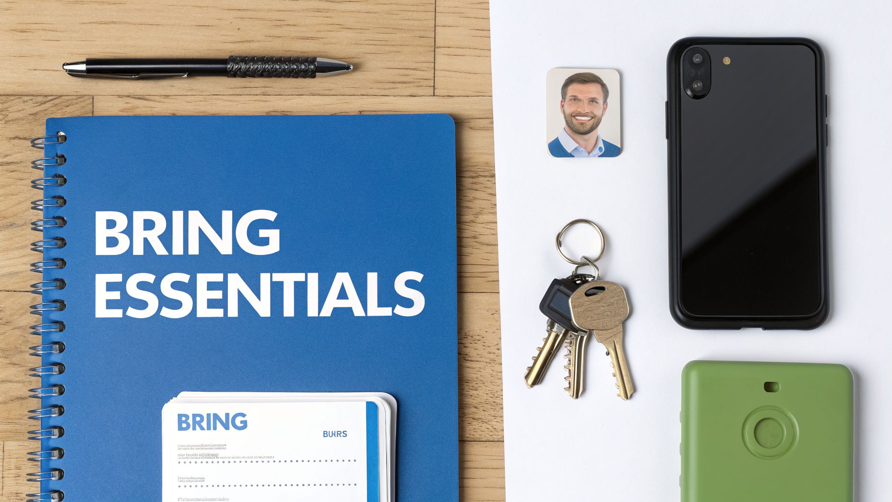A flat lay of daily essentials, including a blue notebook, pen, keys, smartphone, and ID card.