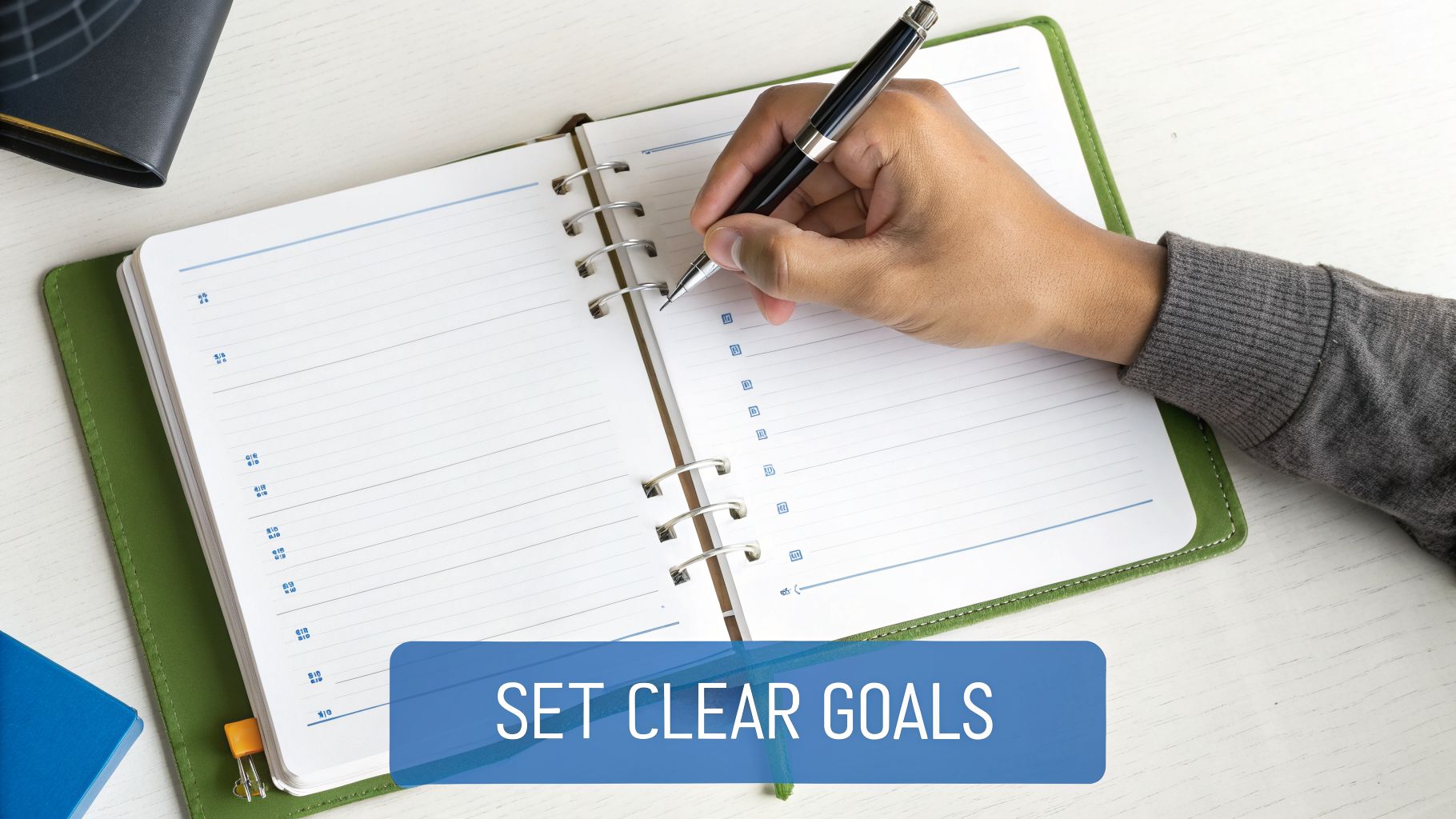 A person writes in a green planner with a pen, setting clear goals.