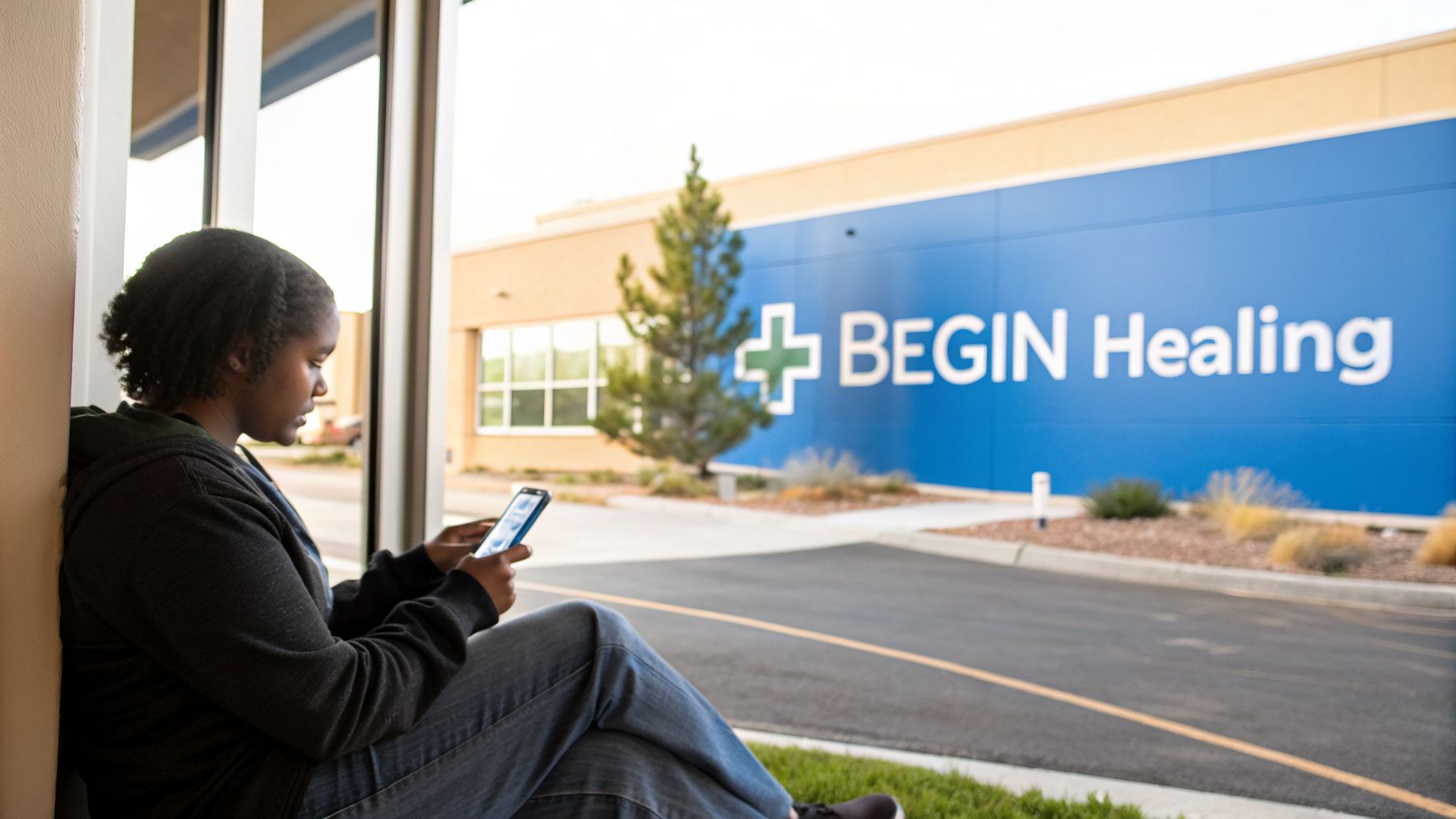 A young person sits by a window, using a phone, with a 'BEGIN Healing' sign visible outside.