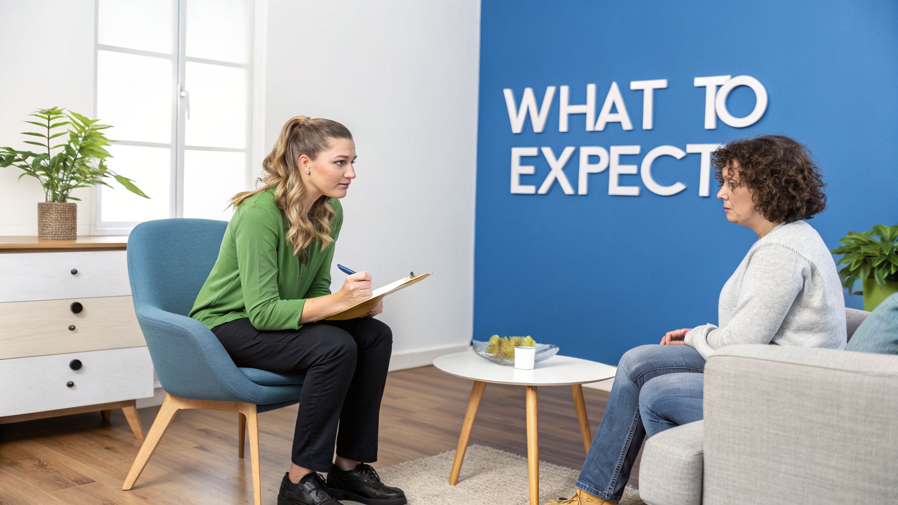 A female therapist takes notes while consulting with a female patient in a professional office setting.