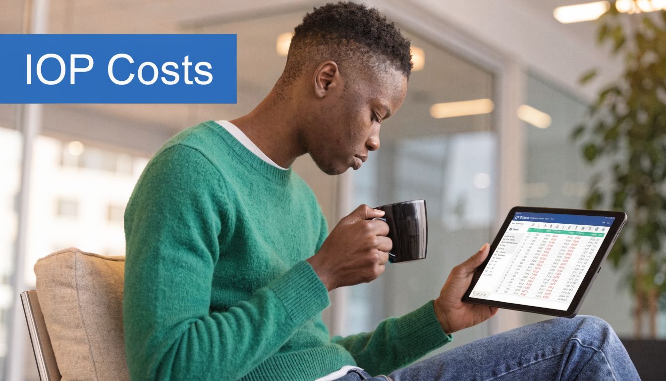 A young man sitting in an office chair reviewing intensive outpatient program cost information on a tablet.