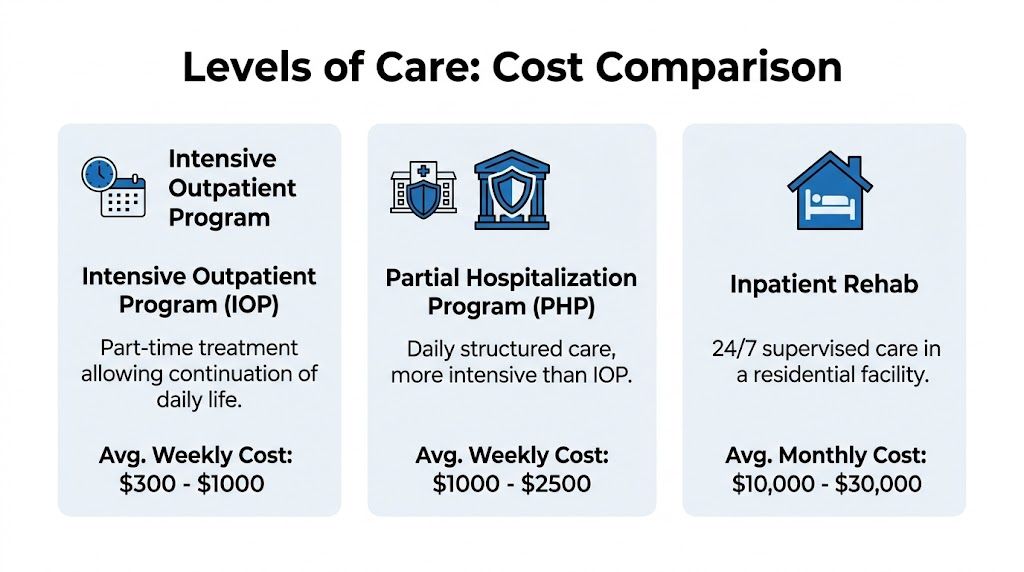 A comparison chart showing the average weekly and monthly costs of three different addiction treatment levels of care.