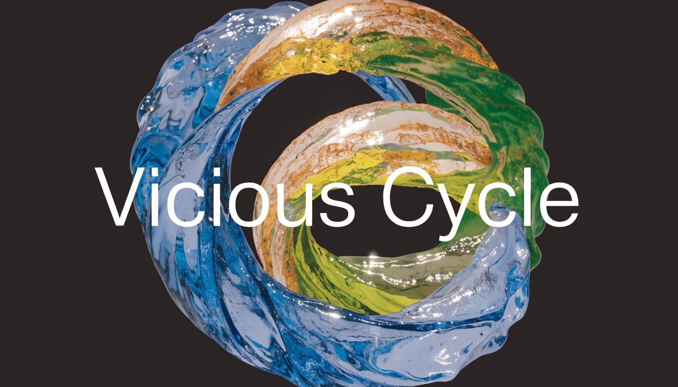 A 3D abstract artistic rendering of swirling blue, green, and golden liquid forming a cycle.