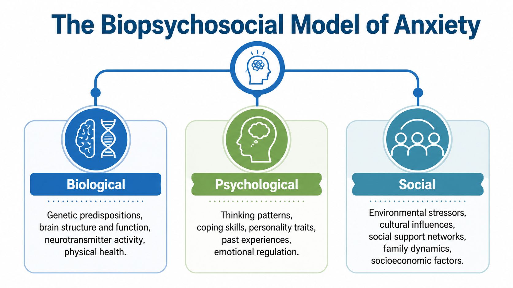 A diagram illustrating the Biopsychosocial model of anxiety, featuring biological, psychological, and social contributing factors.