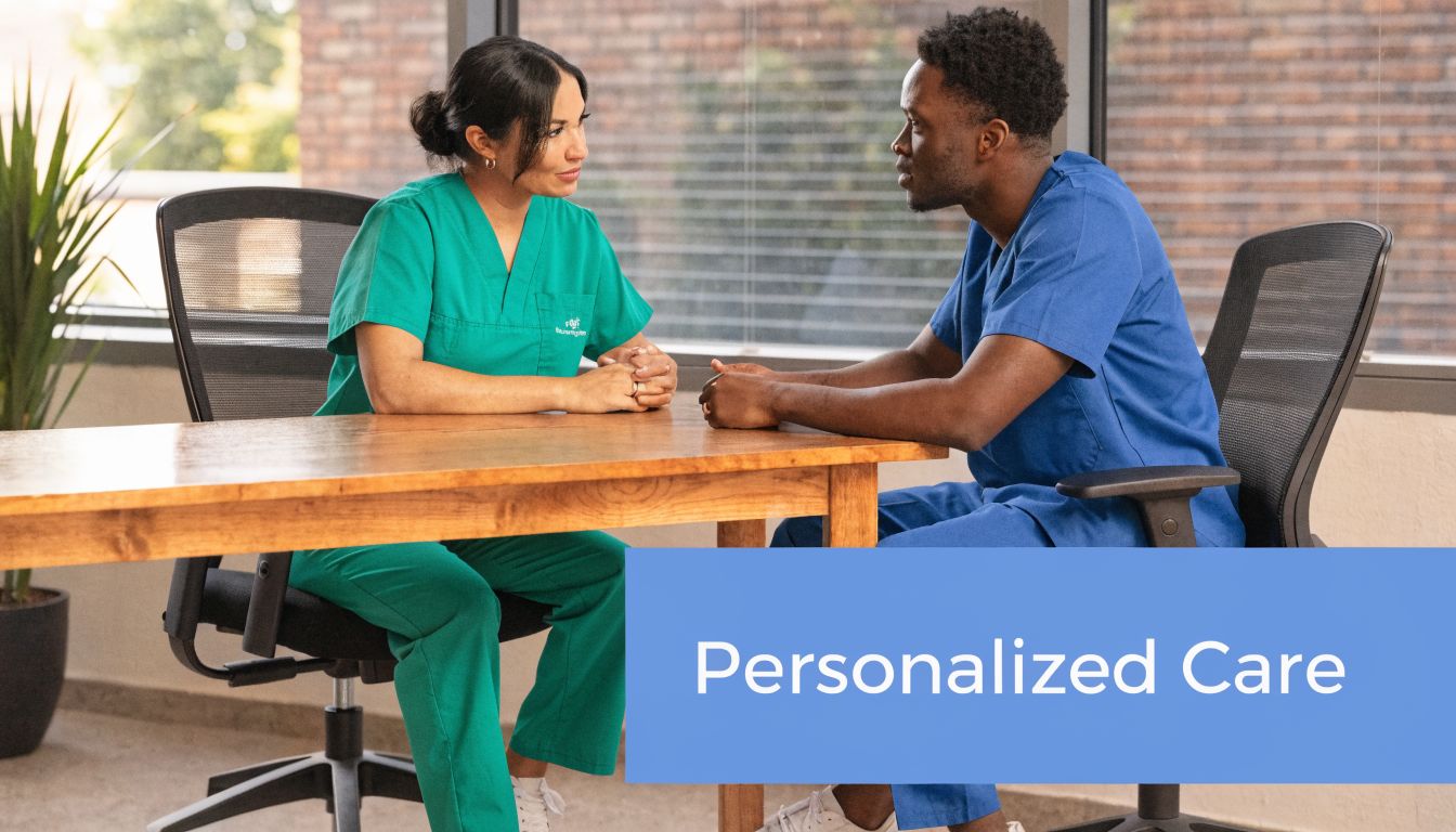 A healthcare professional and a colleague in scrubs having a collaborative discussion in an office setting.