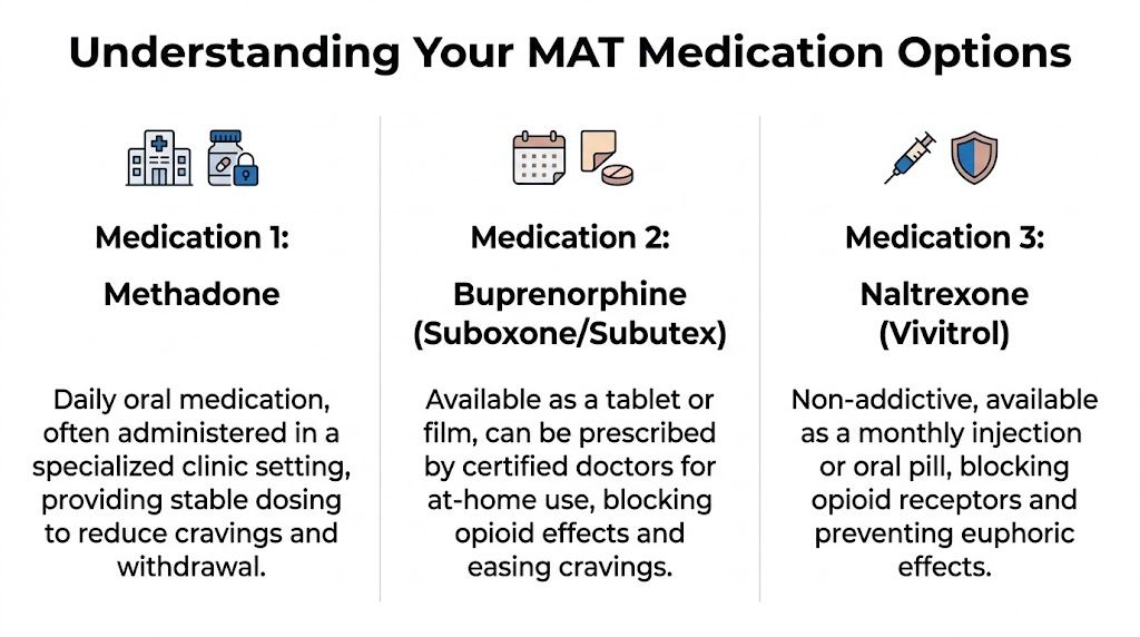 A chart comparing Methadone, Buprenorphine, and Naltrexone as medication-assisted treatment options for managing opioid use disorder.