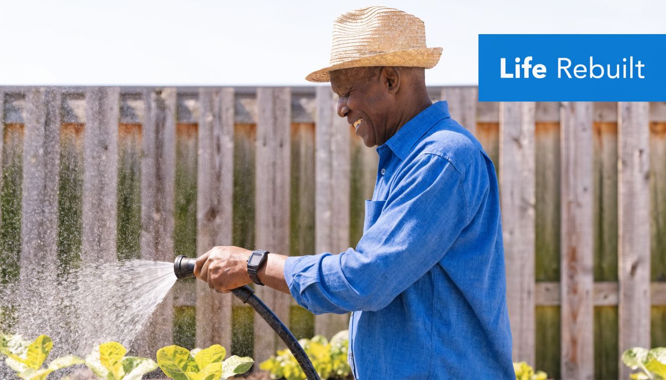 A happy senior man wearing a straw hat watering plants in a sunny garden