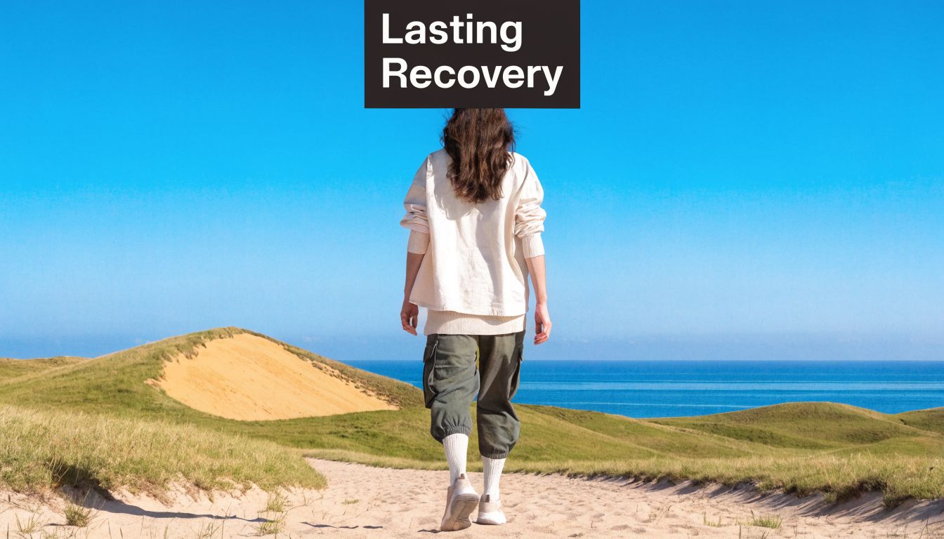 A woman walks along a scenic sandy path towards the ocean, symbolizing a journey toward Lasting Recovery.