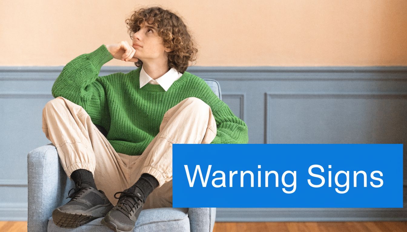 A young person with curly hair wearing a green sweater sitting thoughtfully in a blue chair.