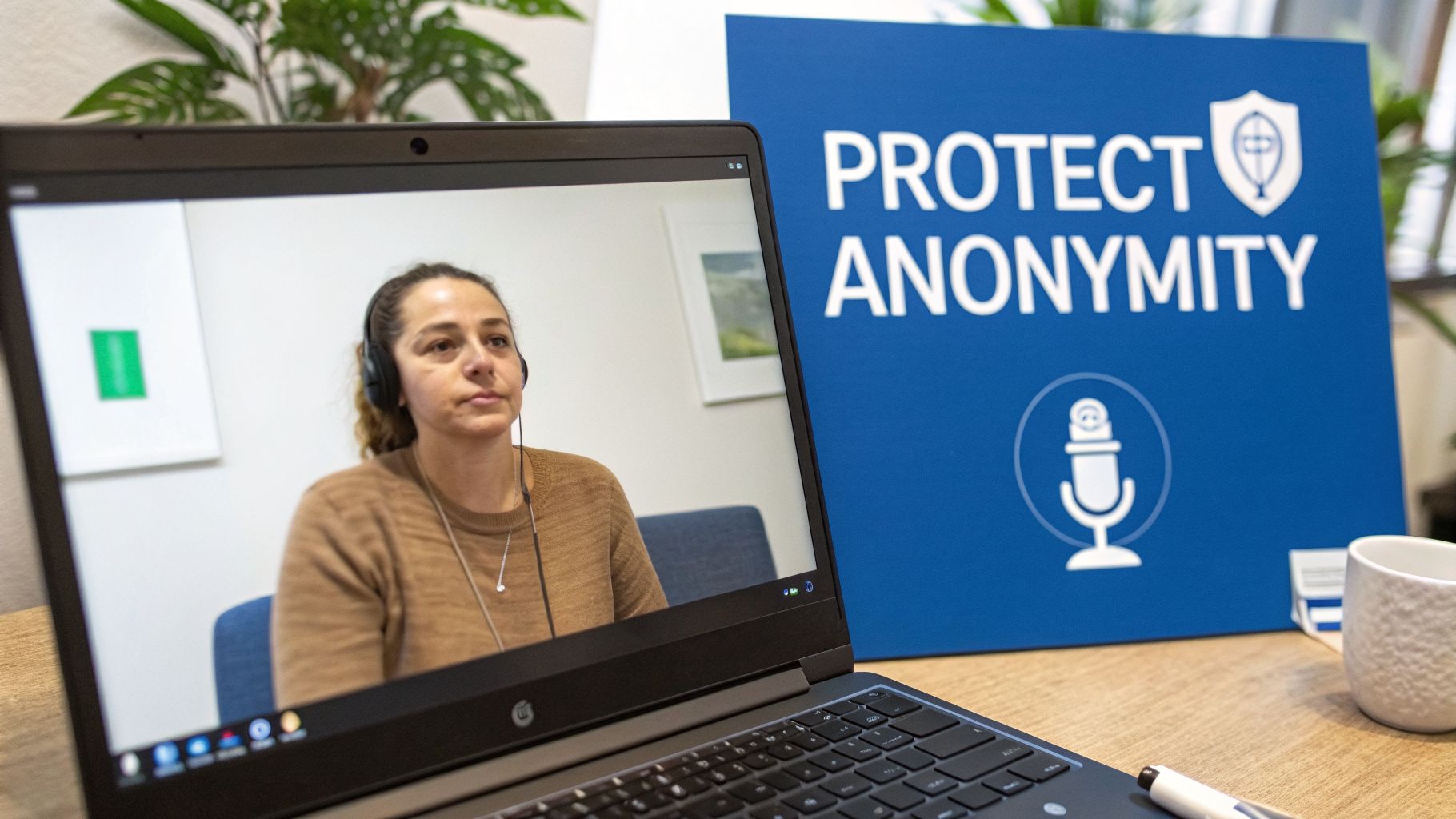 A woman participates in a virtual meeting on a laptop, with a 'PROTECT ANONYMITY' sign nearby.