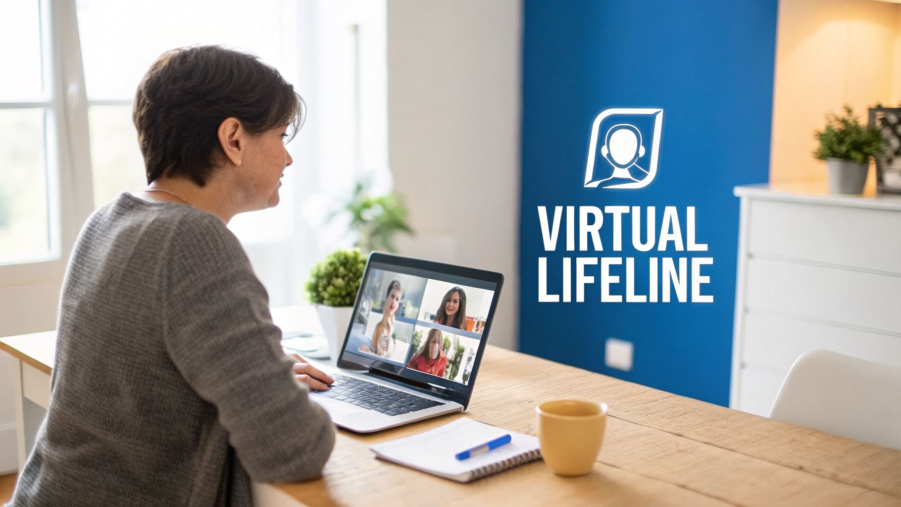 A person in a gray sweater participates in a virtual meeting on a laptop with a 'Virtual Lifeline' logo on a blue wall.