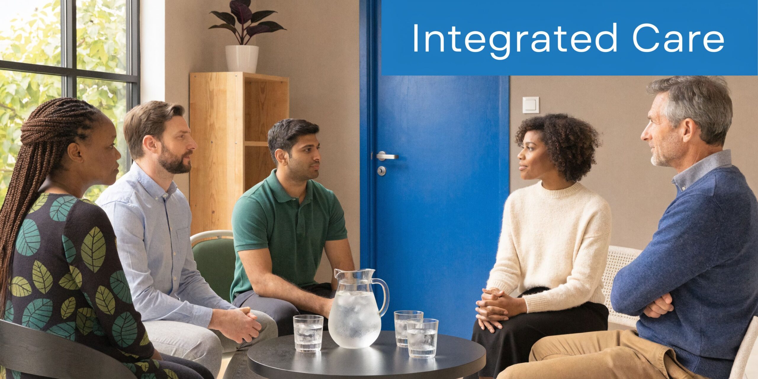 A diverse group of people sitting in a circle for a professional integrated care support group session.