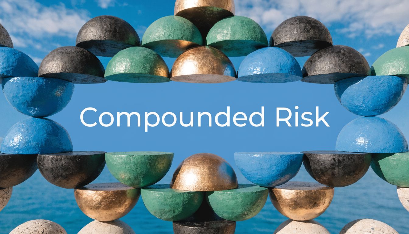 A sculpture of colorful hemispheres against a blue background with the text Compounded Risk in the middle.