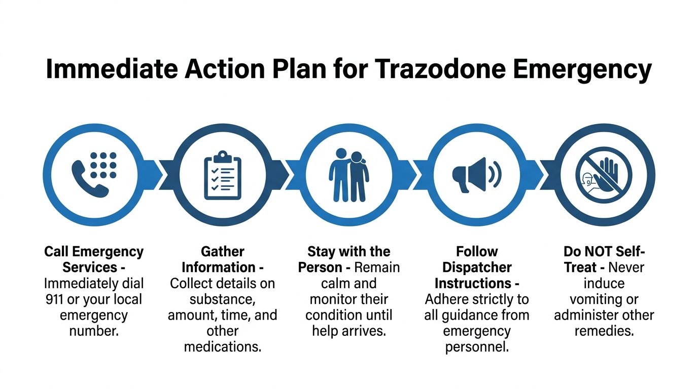 An infographic showing a five-step emergency action plan for responding to a suspected trazodone overdose.