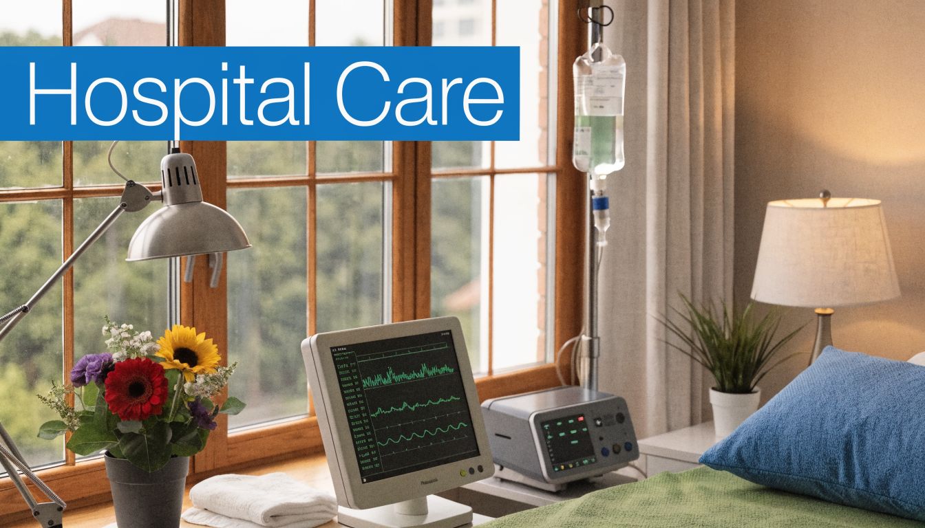 A hospital room scene featuring medical monitors, an IV drip, and flowers by a window.