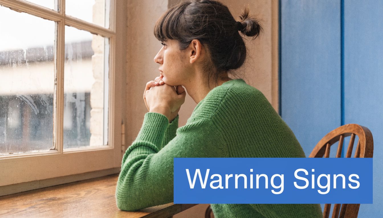 A pensive woman sits by a window, representing mental health concerns and potential warning signs for individuals.