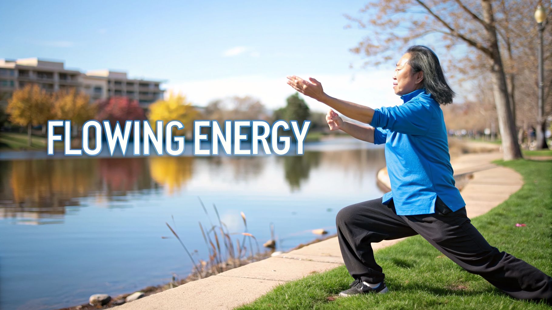 A person practices Tai Chi or Qi Gong by a lake with trees and buildings, 'FLOWING ENERGY' text overlay.