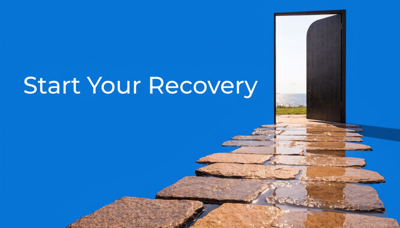 An open door at the end of a stone path leading toward a bright, calm, sunlit ocean view.