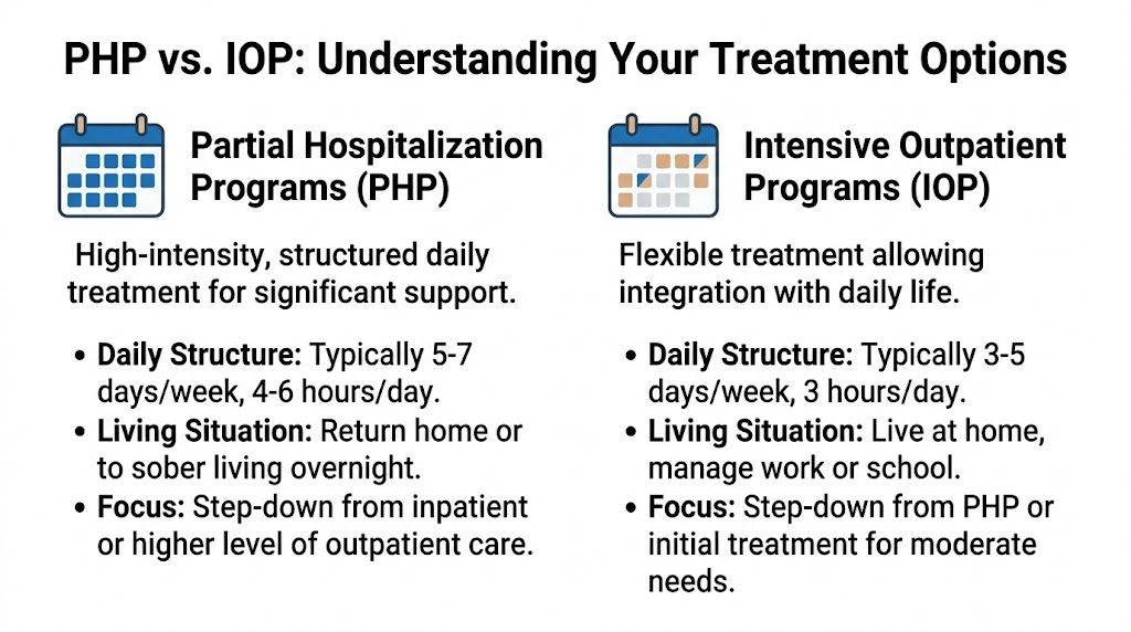 A comparison chart outlining the differences between Partial Hospitalization Programs and Intensive Outpatient Programs for mental health treatment.