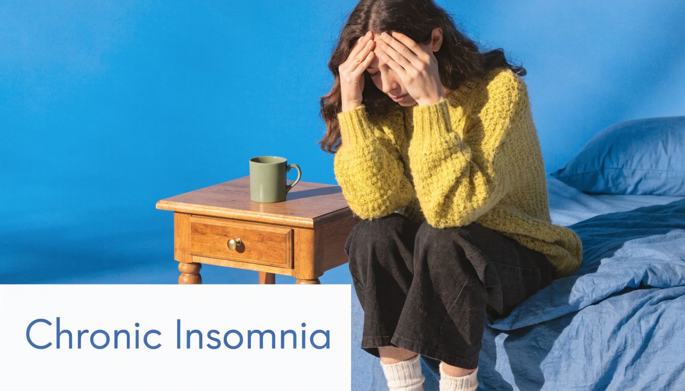 A woman sitting on a bed looking tired and stressed with the text Chronic Insomnia below her.