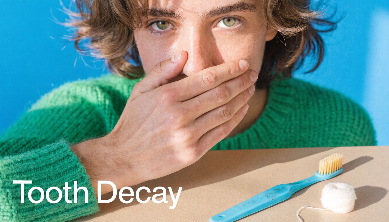 A young person with a green sweater covers their mouth, signifying oral hygiene or dental health concerns.