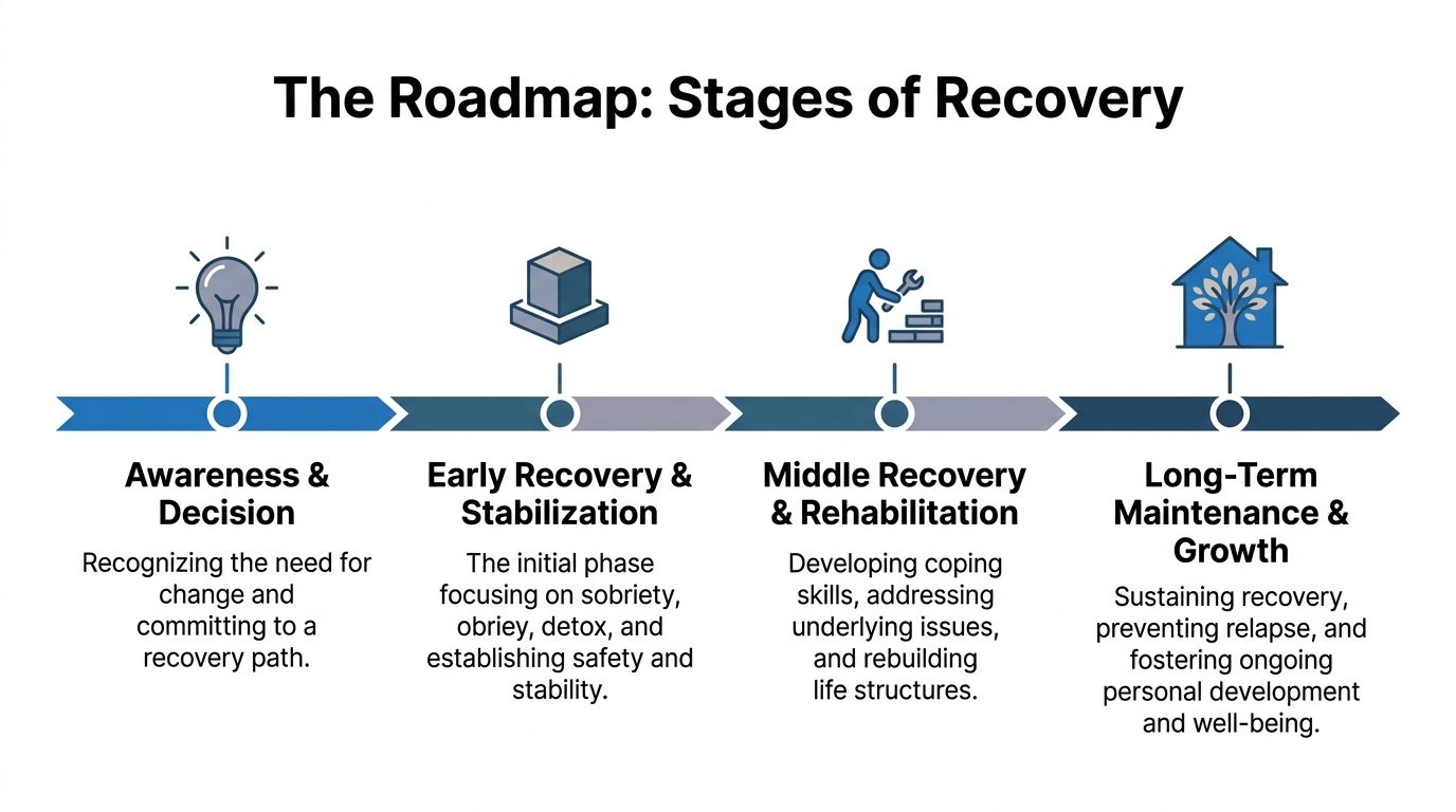 A visual roadmap infographic depicting the four main chronological stages of the substance abuse recovery process.