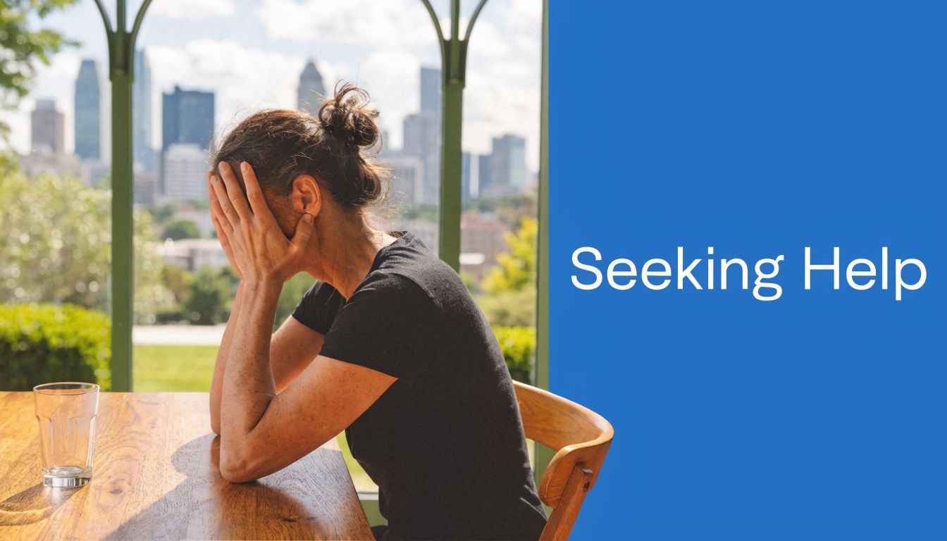 A distressed person sitting at a table with their head in their hands, representing mental health challenges.