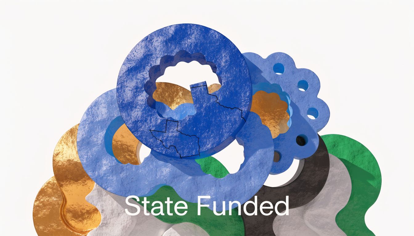 A 3D graphic showing blue interlocking gears with the outline of the state of Texas superimposed.