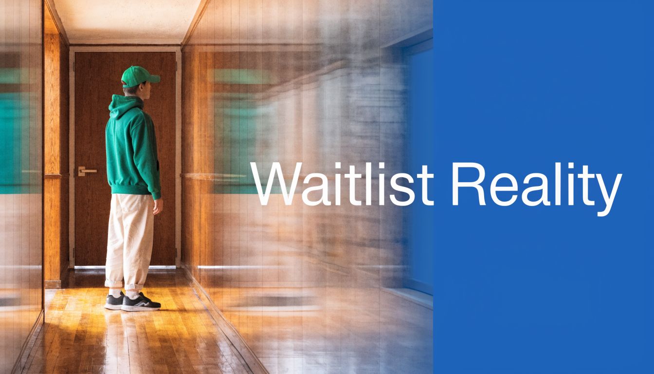 A young man wearing a green hoodie and baseball cap standing alone in a long narrow hallway.