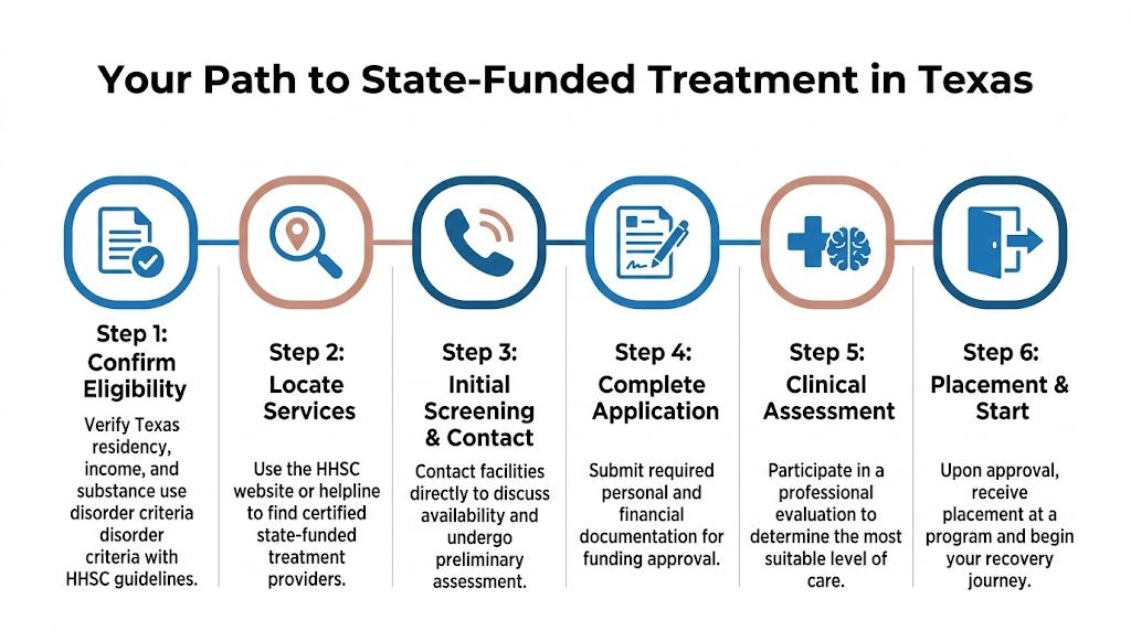 A six-step infographic detailing the process for accessing state-funded substance abuse treatment programs in Texas.