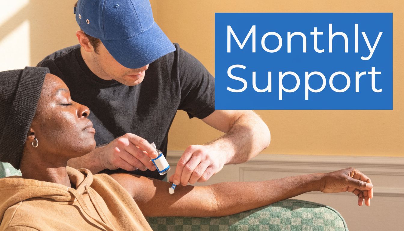 A person in a blue cap administering an injection to a patient's arm for monthly medical support.