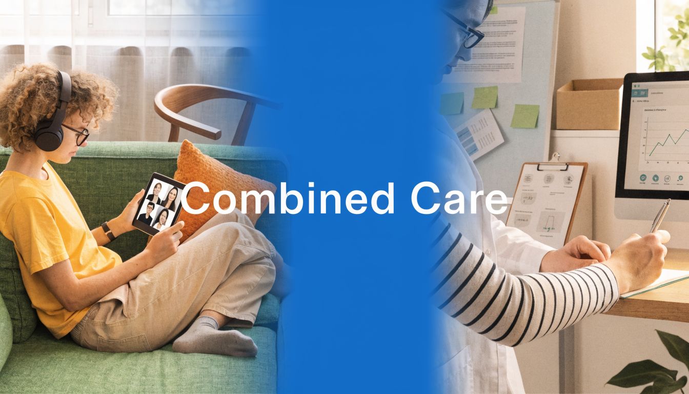 A split screen showing a person on a video call on a couch and a professional working.